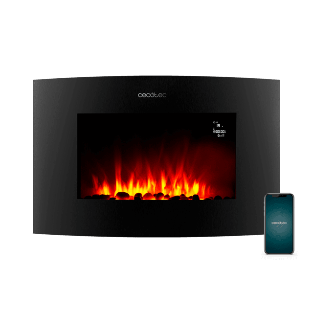 Cecotec ReadyWarm 3550 Curved Flames Connected Chimenea eléctrica decorativa de 35” con máxima potencia de 2000 W. Dos intensidades 1000 W y 2000 W. Control por Wi-Fi. Mando a distancia. Panel curvo de cristal templado. Llam