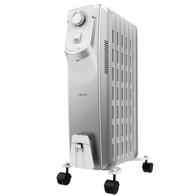 Cecotec ReadyWarm 7000 Space 360 Radiador de aceite de 7 módulos 1500 W y tecnología 360º con 3 niveles de potencia cobertura de 18 m² recogecables control sencillo asa ruedas y doble sistema de seguridad. Radiador de aceite