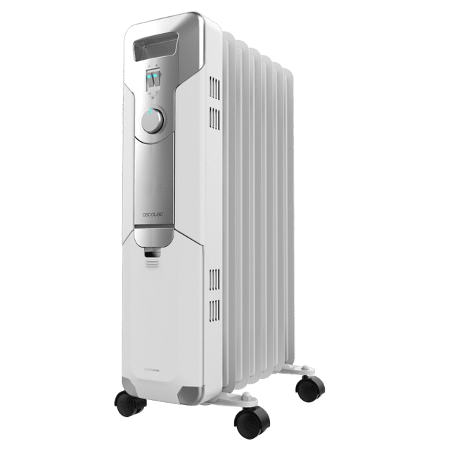 Cecotec ReadyWarm 7000 Space Radiador de aceite de 7 módulos y 1500 W con 3 niveles de potencia cobertura de 15 m² recogecables control sencillo asa ruedas y doble sistema de seguridad. Radiador de aceite