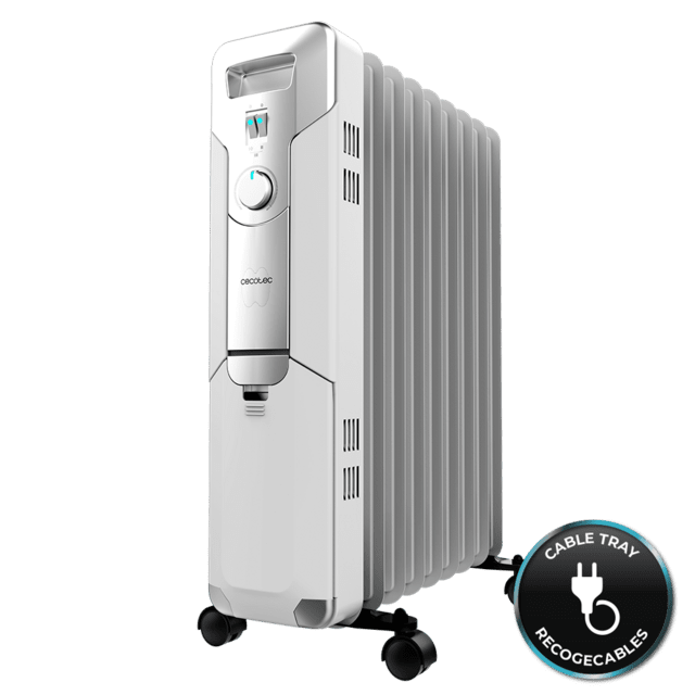 Cecotec ReadyWarm 9000 Space Radiador de aceite de 9 módulos y 2000W con 3 niveles de potencia cobertura de 20 m² recogecables control sencillo asa ruedas y doble sistema de seguridad. Radiador de aceite