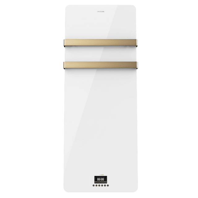 Cecotec ReadyWarm 9870 Crystal Towel OldGold Toallero eléctrico con 850 W pantalla LED mando a distancia temporizador 24/7 control táctil protección IP24 cobertura 10 m² 2 colgadores sistema de seguridad diseño elegante y c