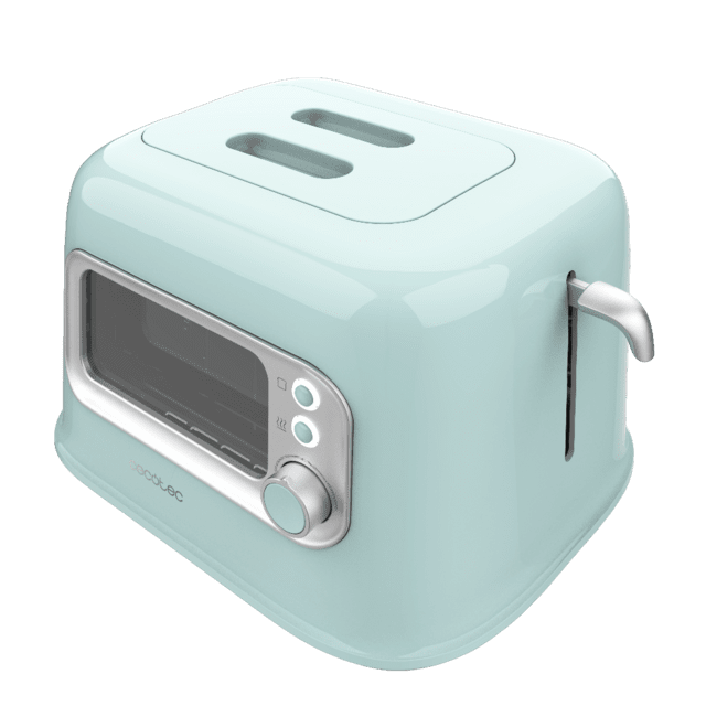Cecotec RetroVision Blue Tostadora Con Pared Con Ventana De Cristal Y Diseño Retro. Ranuras Cortas Con Capacidad Para Dos Tostadas Anchas. Incluye Cubierta Antipolvo. 700 W De Potencia Y 5 Niveles De Tostado. Tostadora Retro Ve