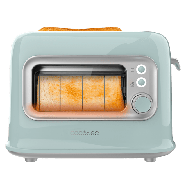 Cecotec RetroVision Blue Tostadora Con Pared Con Ventana De Cristal Y Diseño Retro. Ranuras Cortas Con Capacidad Para Dos Tostadas Anchas. Incluye Cubierta Antipolvo. 700 W De Potencia Y 5 Niveles De Tostado. Tostadora Retro Ve