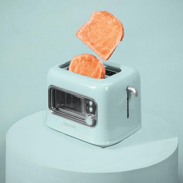 Cecotec RetroVision Blue Tostadora Con Pared Con Ventana De Cristal Y Diseño Retro. Ranuras Cortas Con Capacidad Para Dos Tostadas Anchas. Incluye Cubierta Antipolvo. 700 W De Potencia Y 5 Niveles De Tostado. Tostadora Retro Ve