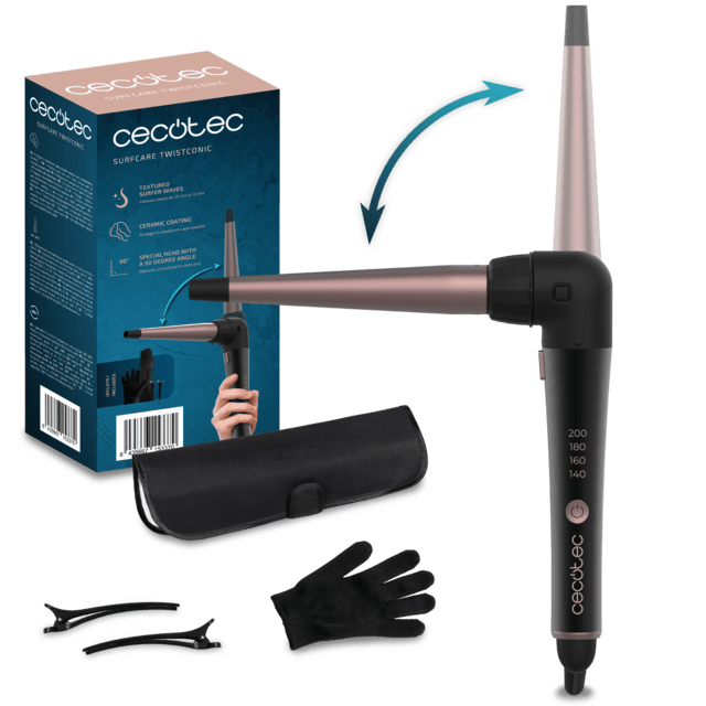 Cecotec Rizador de pelo cónico con un codo de 90 grados que asegura mayor comodidad de uso y con guante térmico estuche y 2 clips. Rizador de pelo 