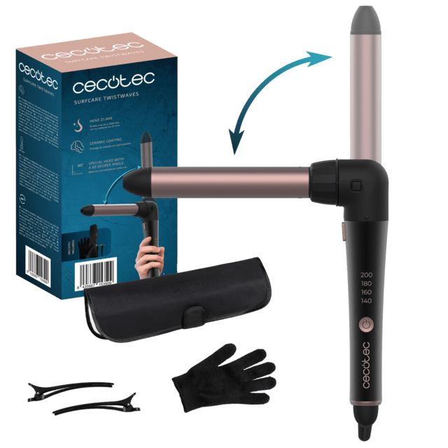 Cecotec Rizador de pelo de 25 mm con un codo de 90 grados que asegura mayor comodidad de uso y con guante térmico estuche y 2 clips. Rizador de pelo 