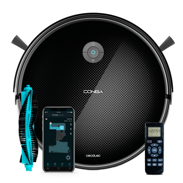 Cecotec Robot aspirador Conga Connected Gyro. Cuenta con tecnología giroscópica limpieza ordenada de la totalidad de la superficie recorrida. Friega aspira y barre a la vez. Potencia de succión de 2100 Pa. APP. Cepillo multif