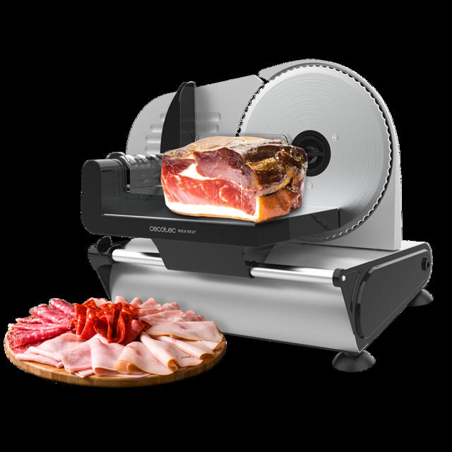 Cecotec Rock'n Cut. Cortafiambres de 150 W Disco de 190 mm de diámetro Sistema de ajuste gradual Máxima precisión de grosor de 0 a 15 mm Cortafiambres