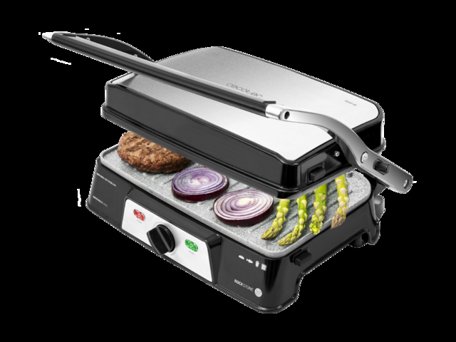 Cecotec Rock'n Grill 1500 Take&Clean Parrilla Eléctrica Revestimiento RockStone Desmontables y Aptas para Lavavajillas Apertura 180º y Placa Superior Flotante 1500 W Acero Inoxidable Parrilla eléctrica