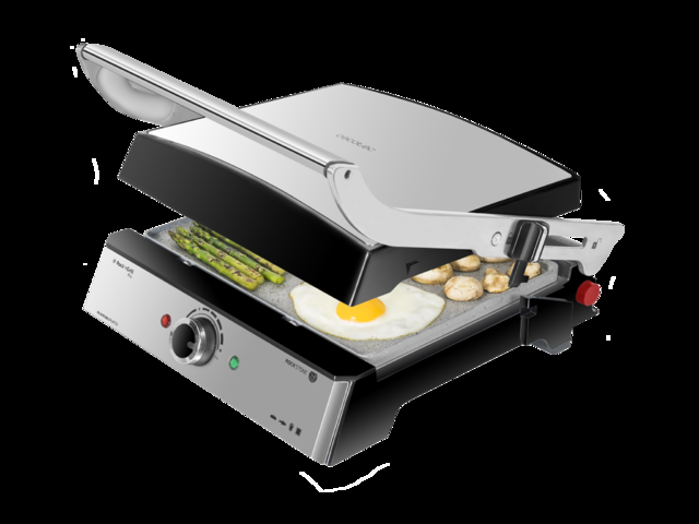 Cecotec Rock'n Grill Pro - Parrilla Eléctrica Revestimiento de Piedra Rockstone Placas Extraíbles y Reversibles Apertura de 180ª Superficie Amplia 34 x 23 cm 2000 W Acero Inoxidable Parrilla eléctrica 2000W
