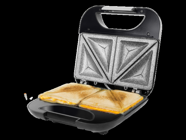 Cecotec Rock´n Toast Fifty-Fifty. Parrilla Eléctrica Con Revestimiento Antiadherente RockStone Capacidad Para 2 Sandwiches Superficie Triángulos Asa Tacto Frío Recogecables 750 W Sandwichera