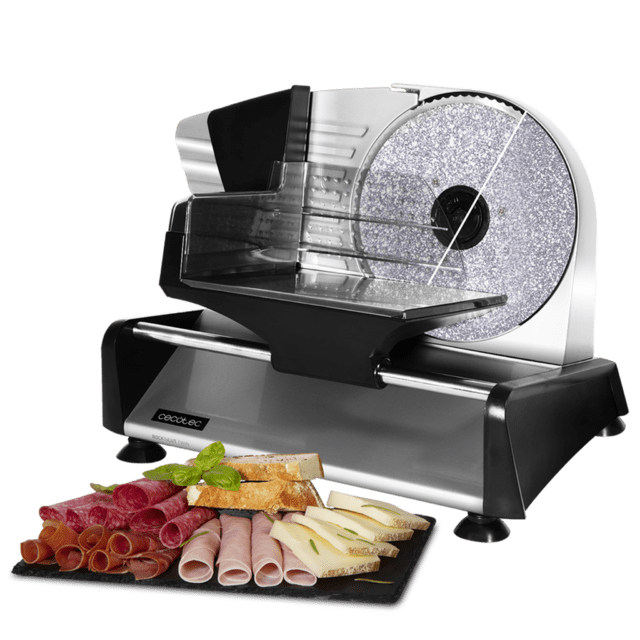 Cecotec Rock'nCut Twin M. Cortafiambres de 180 W con 2 Discos Intercambiables para Cortar Fiambre o Pan Revestimiento RockStone Antiadherente Precisión de Grosor hasta 15 mm Cortafiambres