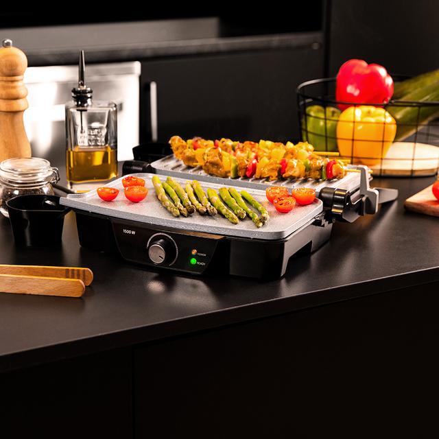 Cecotec Rock’nGrill 1500 Stone Ceramic Mix&Grill. Parrila Eléctrica Con 1500 W Grill Parrilla Plancha Y Sandwichera Revestimiento Cerámico Superfie Mixta Apertura 180º Cajetín Recogegrasas Parrilla Eléctrica