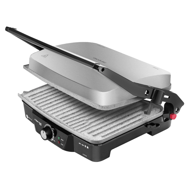 Cecotec Rock'nGrill 2000 M. Parrilla Eléctrica Con Revestimiento Antiadherente RockStone Apertura 180º Adaptable En Altura Superficie De Cocinado 30 X 23.5 Cm 2000 W Acero Inoxidable Y Plástico Parrilla Eléctrica 2000 W