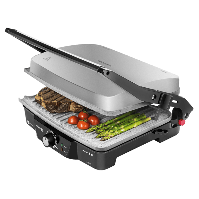 Cecotec Rock'nGrill 2000 M. Parrilla eléctrica con Revestimiento Antiadherente RockStone Apertura 180º Adaptable en Altura Superficie de cocinado 30 x 23.5 cm 2000 W Acero Inoxidable y Plástico Parrilla eléctrica 2000 w