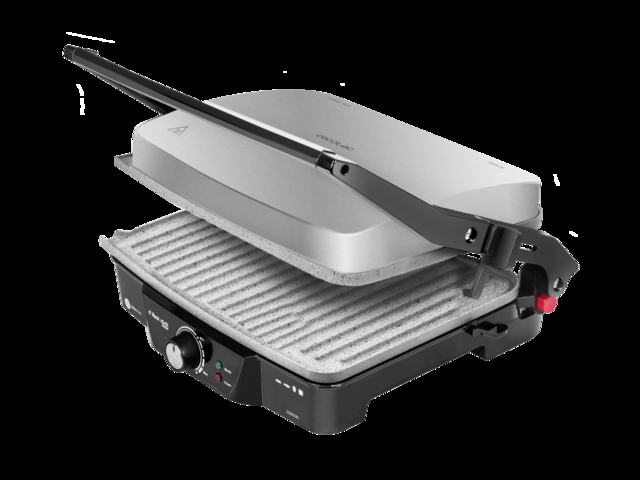 Cecotec Rock'nGrill 2000. Parrilla Eléctrica Con Revestimiento Antiadherente RockStone Apertura 180º Adaptable En Altura Superficie De Cocinado 30 X 23.5 Cm 2000 W Acero Inoxidable Y Plástico Parrilla Eléctrica 2000w