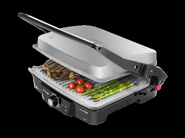 Cecotec Rock'nGrill 2000. Parrilla Eléctrica Con Revestimiento Antiadherente RockStone Apertura 180º Adaptable En Altura Superficie De Cocinado 30 X 23.5 Cm 2000 W Acero Inoxidable Y Plástico Parrilla Eléctrica 2000w