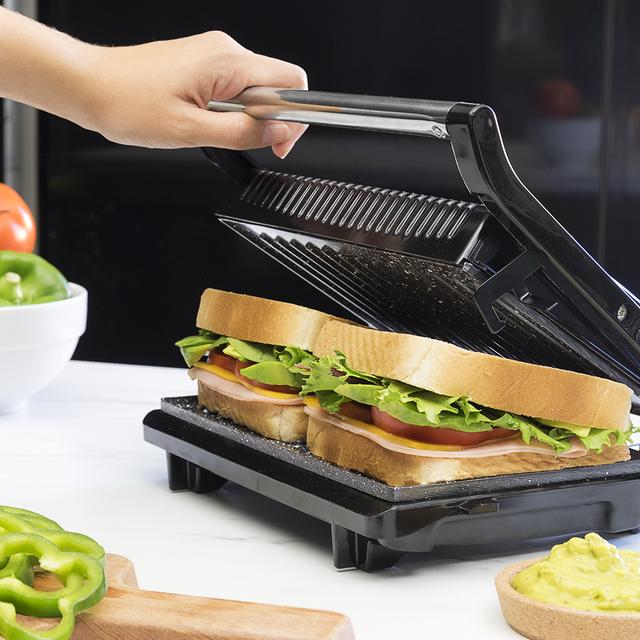 Cecotec Rock'nGrill 750 Full Open M. Parrilla Eléctrica Con 750 W Plancha Sandwichera Revestimiento De Piedra RockStone Apertura De 180º Superficie 23x14 5 Pinza De Cierre Y Hueco Recogecables Parrilla Grill Eléctrica