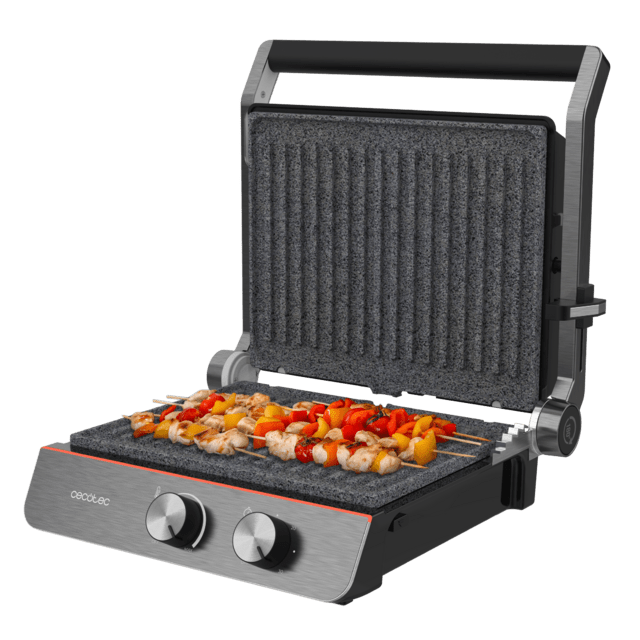 Cecotec Rock'nGrill Blaze Neon Parrilla Eléctrica De 2200 W Que Ajusta El Tiempo Y Temperatura Posee Placas Extraíbles Con Revestimiento RockStone Aptas Para Lavavajillas Y Apertura De 180º. Parrilla Eléctrica