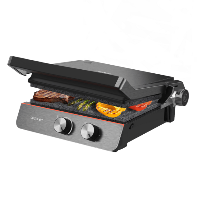 Cecotec Rock'nGrill Blaze Neon Parrilla eléctrica de 2200 W que ajusta el tiempo y temperatura posee placas extraíbles con revestimiento RockStone aptas para lavavajillas y apertura de 180º. Parrilla eléctrica