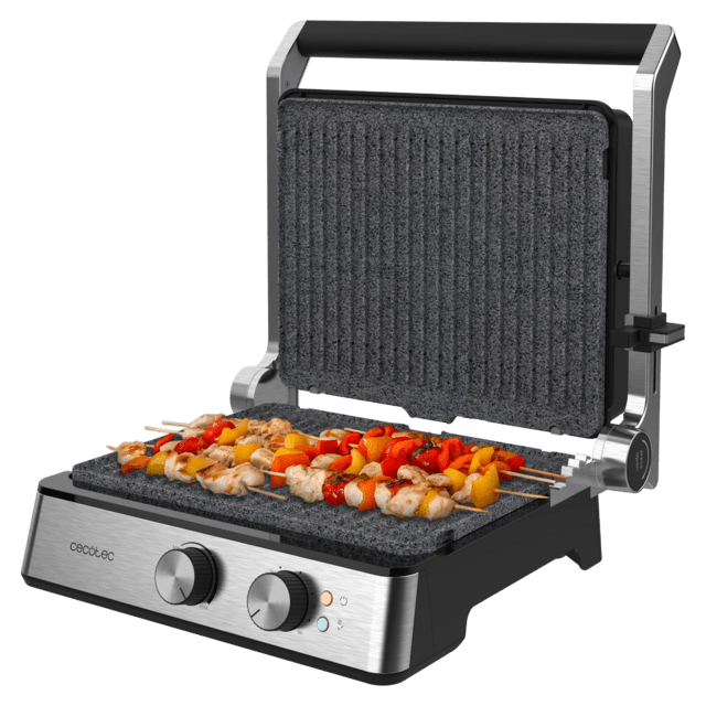 Cecotec Rock'nGrill Blaze Parrilla Eléctrica De 2400 W Que Ajusta El Tiempo Y Temperatura Posee Placas Con Revestimiento RockStone Aptas Para Lavavajillas Y Apertura De 180º. Parrilla Eléctrica
