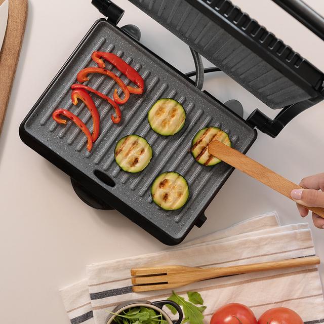 Cecotec Rock'nGrill Dark 1000. Parrilla Electrica De 1000 W Revestimiento De Piedra Bandeja Recogegrasas Placa Superior Flotante Superficie 25 4x17 5 Cm Libre De PTFE PFOA Parrilla Eléctrica