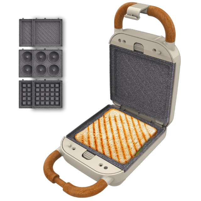 Cecotec Rock'nToast Retro One Beige Sandwichera con estilo retro con capacidad para un sandwich y 3 pares de placas desmontables