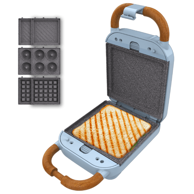 Cecotec Rock'nToast Retro One Blue Sandwichera con estilo retro con capacidad para un sandwich y 3 pares de placas desmontables. Sandwichera
