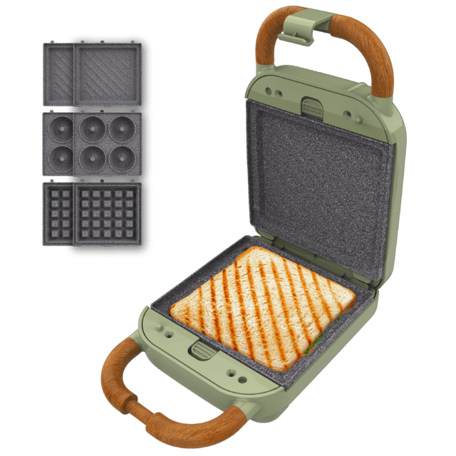 Cecotec Rock'nToast Retro One Green Sandwichera Con Estilo Retro Con Capacidad Para Un Sandwich Y 3 Pares De Placas Desmontables. Sandwichera