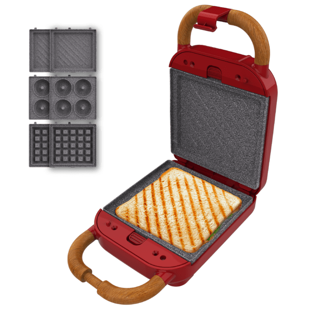 Cecotec Rock'nToast Retro One Red Sandwichera con estilo retro con capacidad para un sandwich y 3 pares de placas desmontables. Sandwichera
