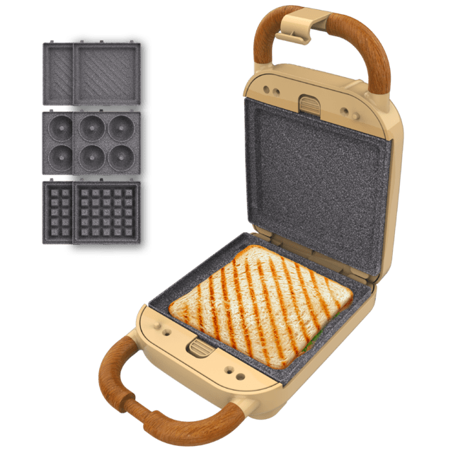 Cecotec Rock'nToast Retro One Yellow Sandwichera con estilo retro con capacidad para un sandwich y 3 pares de placas desmontables. Sandwichera