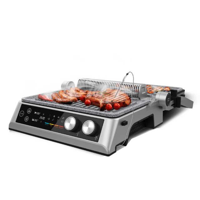 Cecotec Rockn'Grill Bistro Parrilla eléctrica de 2400W con tecnología Smokeless ajusta el tiempo y temperatura en función del modo y el punto de cocción seleccionados placas extraíbles con revestimiento RockStone aptas para