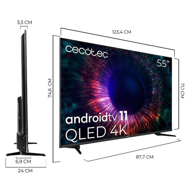Cecotec Smart TV De 55" TV Cecotec V1+ Series VQU11055+. Televisores QLED Resolución 4K UHD Sistema Operativo Android TV Diseño Frameless MEMC Dolby Vision Y Atmos Subwoofer HDR10 Televisión QLED 55" Smart TV
