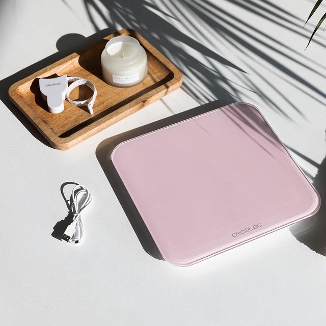 Cecotec Surface Precision 9350 Healthy Rose. Báscula De Baño Digital Carga USB Pantalla LED Invisible 300 X 300 Mm 4 Sensores De Medición Hasta 180 Kg Báscula De Baño Digital Con Carga USB Y Pantalla Invisible