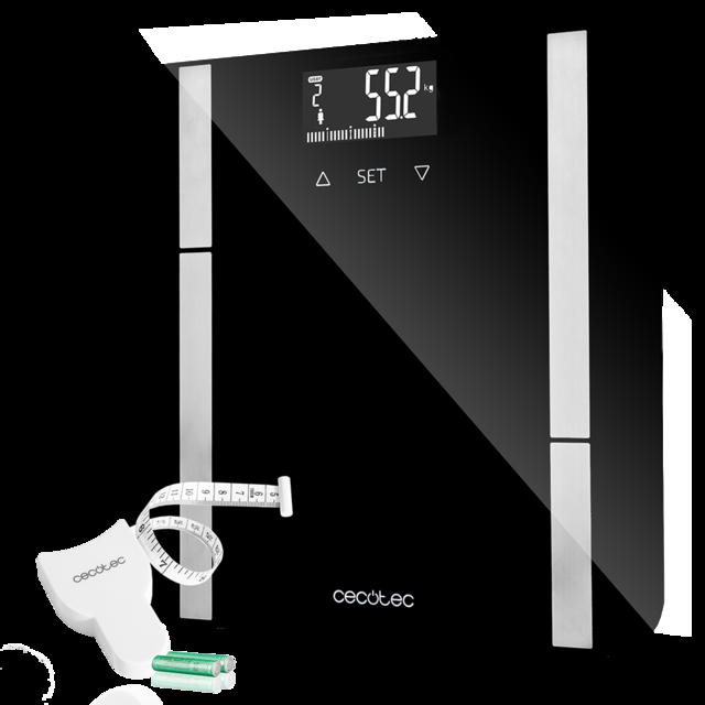 Cecotec Surface Precision 9400 Full Healthy. Báscula De Baño Digital Con Alta Precisión Plataforma De Cristal Templado De Seguridad Pantalla LCD Invertida Y Capacidad Máxima De 180kgr Cinta Métrica (Negro) Báscula Bioimped