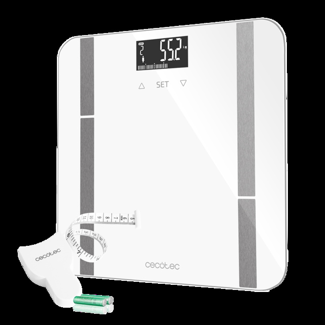 Cecotec Surface Precision 9400 Full Healthy. Báscula De Baño Digital De Alta Precisión Plataforma De Cristal Templado De Seguridad Pantalla LCD Invertida Y Capacidad Máxima De 180kgr Cinta Métrica (Blanco) Báscula Bioimped