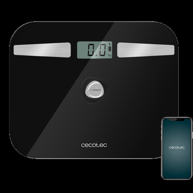 Cecotec Surface Precision EcoPower 10200 Smart Healthy Black. Báscula de baño Con pulsador Superficie de vidrio templado de alta seguridad Sensores de precisión APP Báscula de baño digital de alta precisión recargable