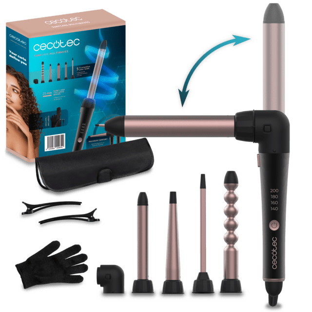 Cecotec SurfCare MultiWaves Rizador de pelo multicabezal con 5 cabezales para hacer diferentes rizos con un codo de 90 grados que asegura mayor comodidad de uso y con guante térmico estuche y 2 clips. Rizador de pelo multicabez