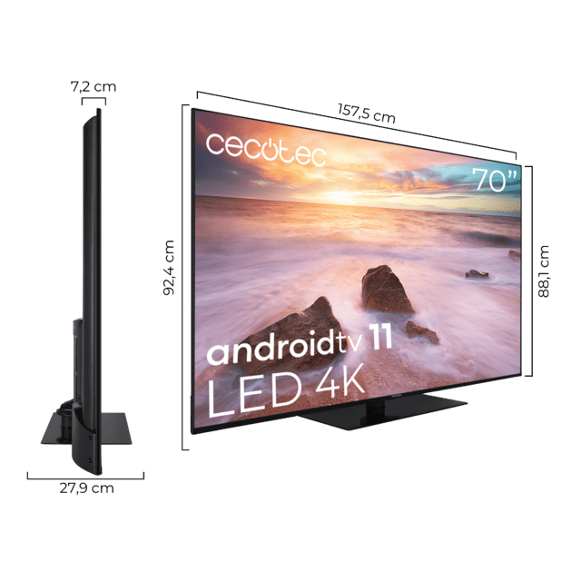 Cecotec Televisión LED 70” Con Resolución 4K UHD Sistema Operativo Android TV 11 Chromecast HDR10+ Google Voice Assistant Clase F Con Peana Central. Televisión LED 70" Smart TV