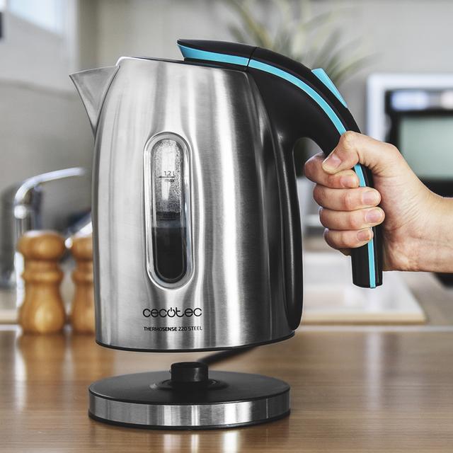 Cecotec ThermoSense 220 Steel. Hervidor De Agua Eléctrico De 1 2 Litros Libre De BPA 1630 W De Potencia Base 360º Doble Sistema De Seguridad Acero Inoxidable Hervidor De Agua Eléctrico  