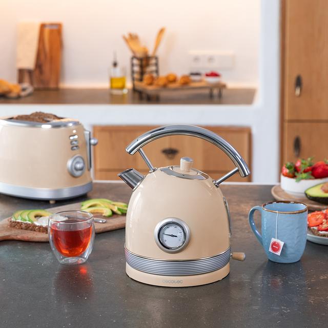 Cecotec ThermoSense 420 Light Beige. Hervidor De Agua Eléctrico De 1 8 Litros De Capacidad 2200 W Medidor De Temperatura Base 360º Acero Inoxidable Estilo Vintage Beige Hervidor De Agua