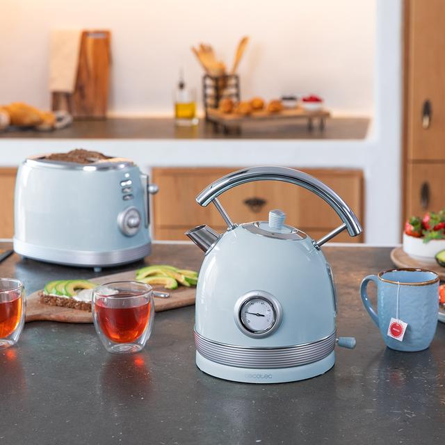 Cecotec ThermoSense 420 Light Blue. Hervidor De Agua Eléctrico De 1 8 Litros De Capacidad 2200 W Medidor De Temperatura Base 360º Acero Inoxidable Estilo Vintage Azul Hervidor De Agua