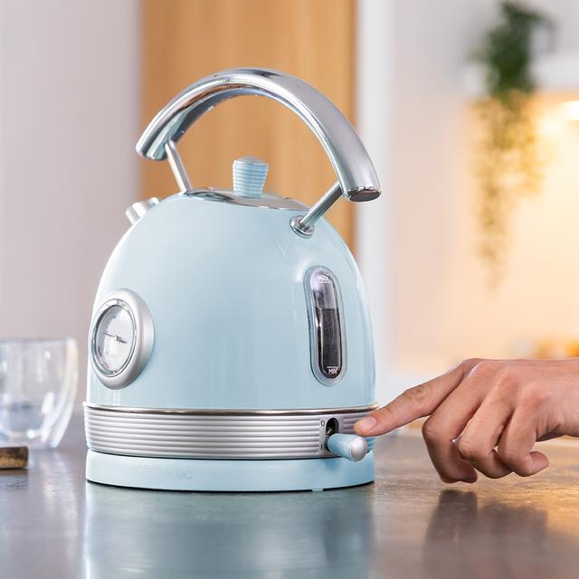Cecotec ThermoSense 420 Light Blue. Hervidor De Agua Eléctrico De 1 8 Litros De Capacidad 2200 W Medidor De Temperatura Base 360º Acero Inoxidable Estilo Vintage Azul Hervidor De Agua
