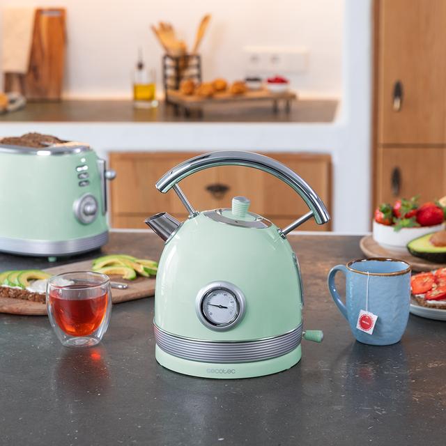 Cecotec ThermoSense 420 Light Green. Hervidor De Agua Eléctrico De 1 8 Litros De Capacidad 2200 W Medidor De Temperatura Base 360º Acero Inoxidable Estilo Vintage Verde Hervidor De Agua
