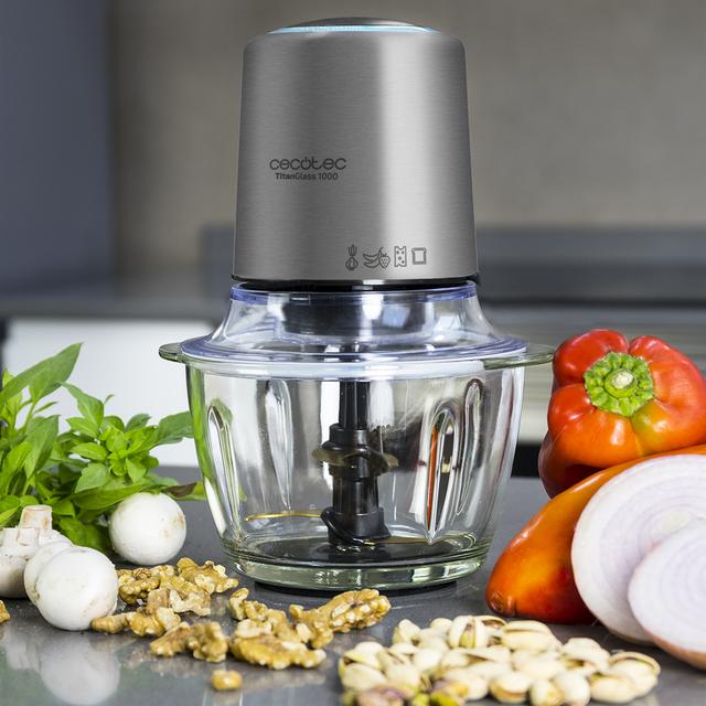 Cecotec TitanGlass Picadora Eléctrica. 400 W Multifuncion: Pica Tritura Pulveriza Trocea Cuchillas Con Recubrimiento De Titanio Desmontables Capacidad 1l Vidrio ResistentePicadora De Carne Y Verduras Eléctrica