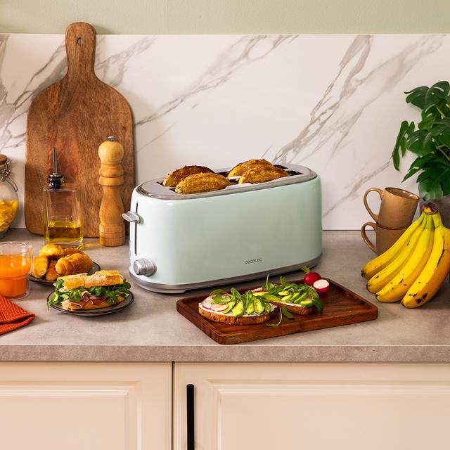 Cecotec Toast&Taste 1600 Retro Double Blue Tostadora De Acero Con 2 Ranuras Anchas Largas Y Con Capacidad Para 4 Tostadas. Tostador Vertical