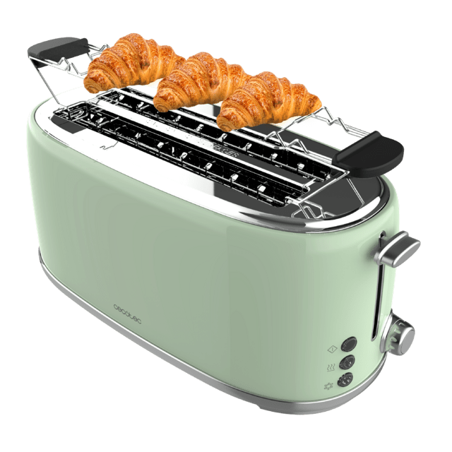 Cecotec Toast&Taste 1600 Retro Double Green Tostadora de acero con 2 ranuras anchas largas y con capacidad para 4 tostadas. Tostador vertical
