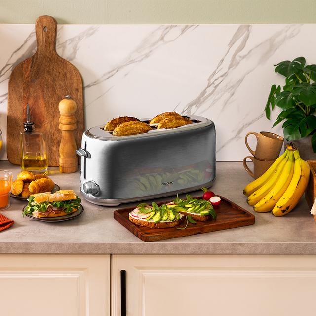 Cecotec Toast&Taste 1600 Retro Double Inox Tostadora De Acero Con 2 Ranuras Anchas Largas Y Con Capacidad Para 4 Tostadas. Tostadora
