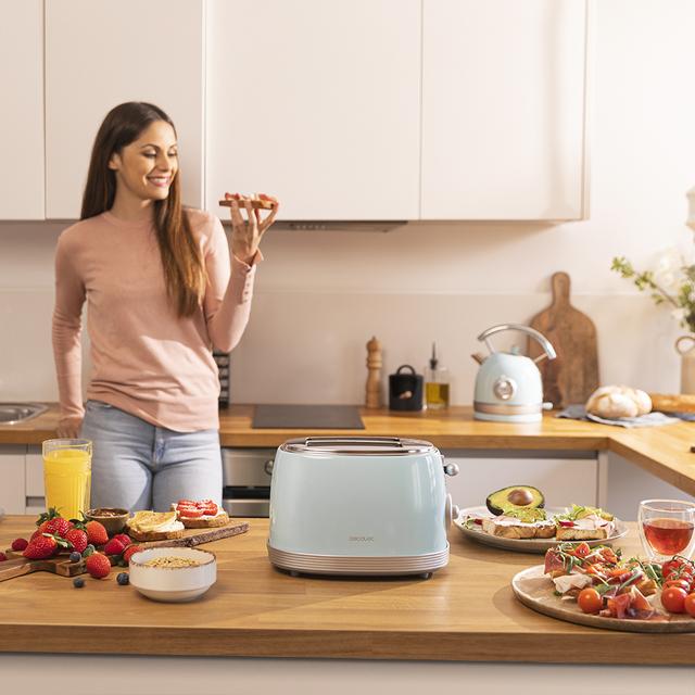 Cecotec Toast&Taste 800 Vintage Light Blue. Tostadora De 850 W Doble Ranura Corta Extra Anchas De 3 8 Cm 2 Tostadas Acabados En Acero Inoxidable Estilo Vintage 3 Funciones Azul Tostador Vertical