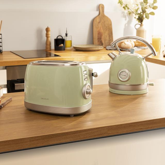 Cecotec Toast&Taste 800 Vintage Light Green. Tostadora Con 850 W Doble Ranura Corta Extra Anchas De 3 8 Cm 2 Tostadas Acabados En Acero Inoxidable Estilo Vintage 3 Funciones Verde Tostador Vertical